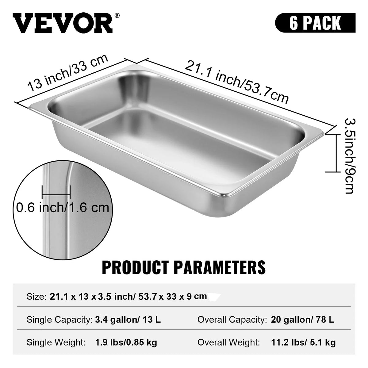 4/6 Pack Steam Table Pans Full Size Deep Food Container Stainless Steel Oven Tray Hotel Pans Anti-Jam Steam Table Food Pan