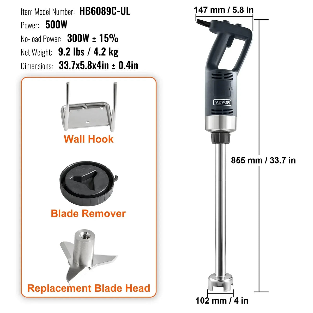 Commercial Immersion Blender 500W 12/20inch Heavy Duty Hand Mixer Kitchen Stick Mixer for Soup Smoothie Puree Baby Food