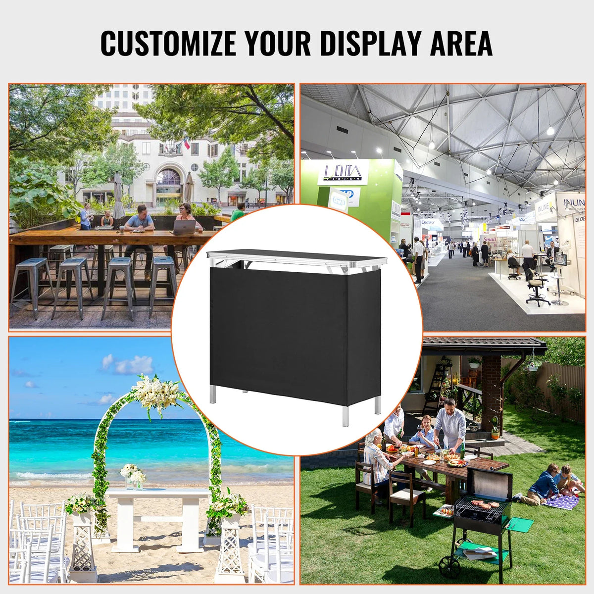 Portable Tradeshow Podium Table, 38.39" x 15.16" x 34.25", Display Exhibition Counter Stand Booth Fair with Wall