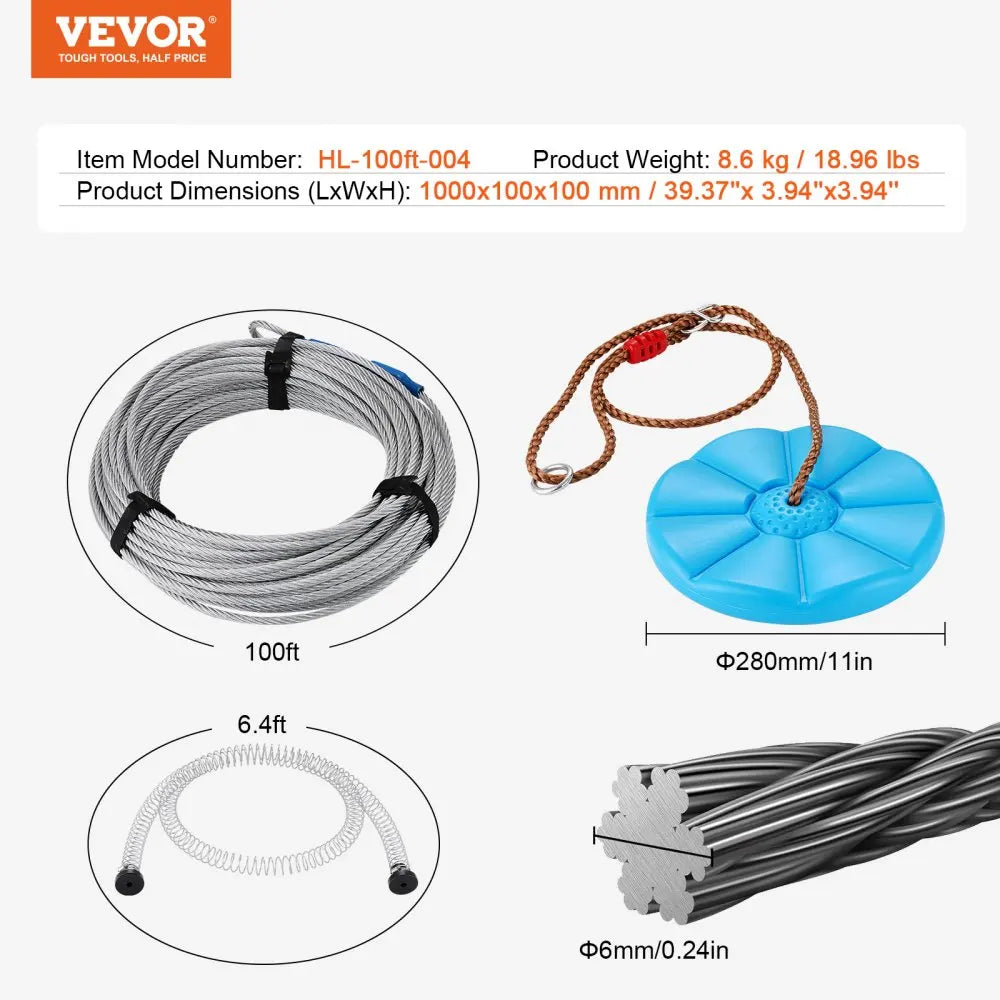 60/80/100/120 FT Zipline Kit Up to 500 lbs Backyard Outdoor Playground Entertainment Stainless Steel Safety Harness Seat