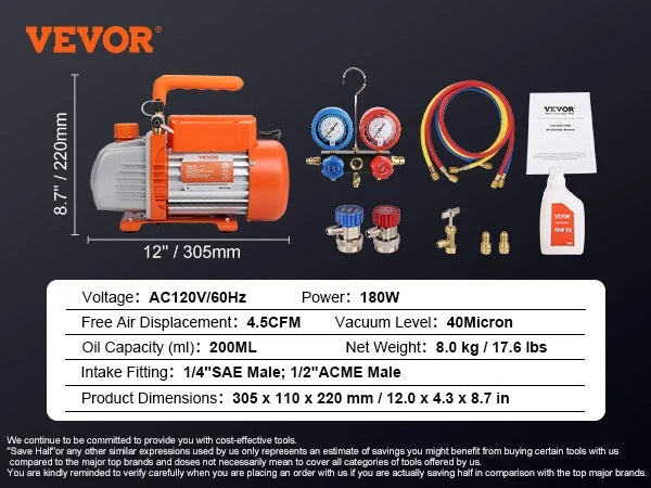 3.5/4CFM Single Stage Rotary Vane HVAC Air AC Vacuum Pump & A/C Refrigerant Kit Manifold Gauge Set for Air Conditioning