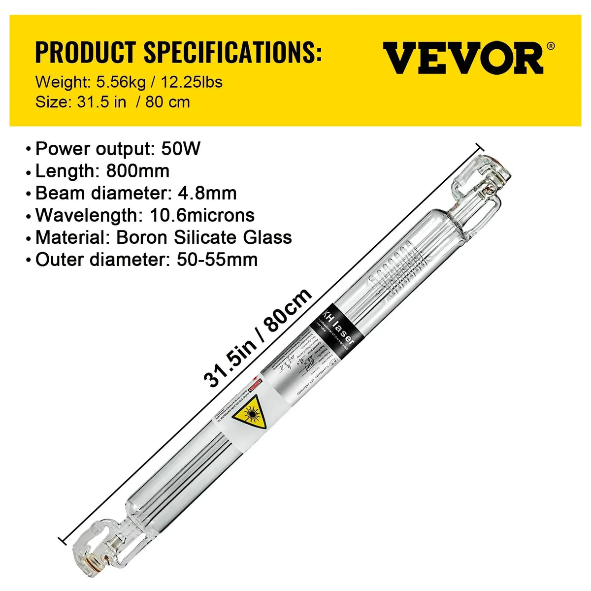 CO2 Laser Tube 40-150W 80mm Glass Dia, 700-1830mm Length High-Power Engraving Cutting Machine Long Service Life
