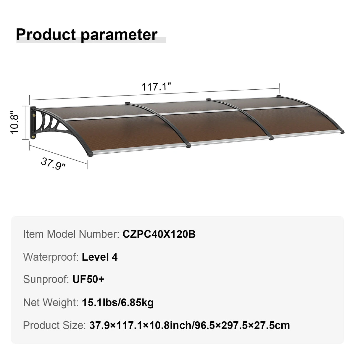 Window Door Awning Canopy 3 Sizes UPF 50+ Polycarbonate Entry Window Awning Front Door Overhang Awning for Sun Shutter