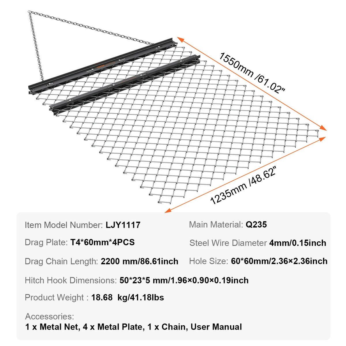 Drag Harrow 4' x 5' ATV Chain Harrow Q235 Steel UTV Tractor Attachments Field Drag Mat for Landscape Leveling or Prepping