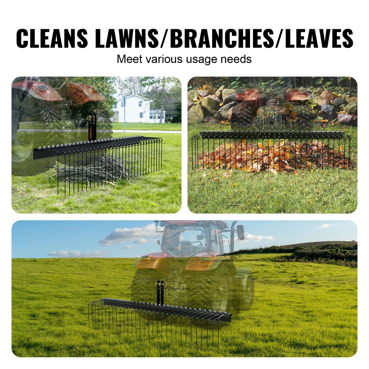 Tow Behind Landscape Rake 72" 32 Steel Tines Tow Lawn Dethatcher Rake Attaches to Tractor for Leaves/Pine Needles/Grass