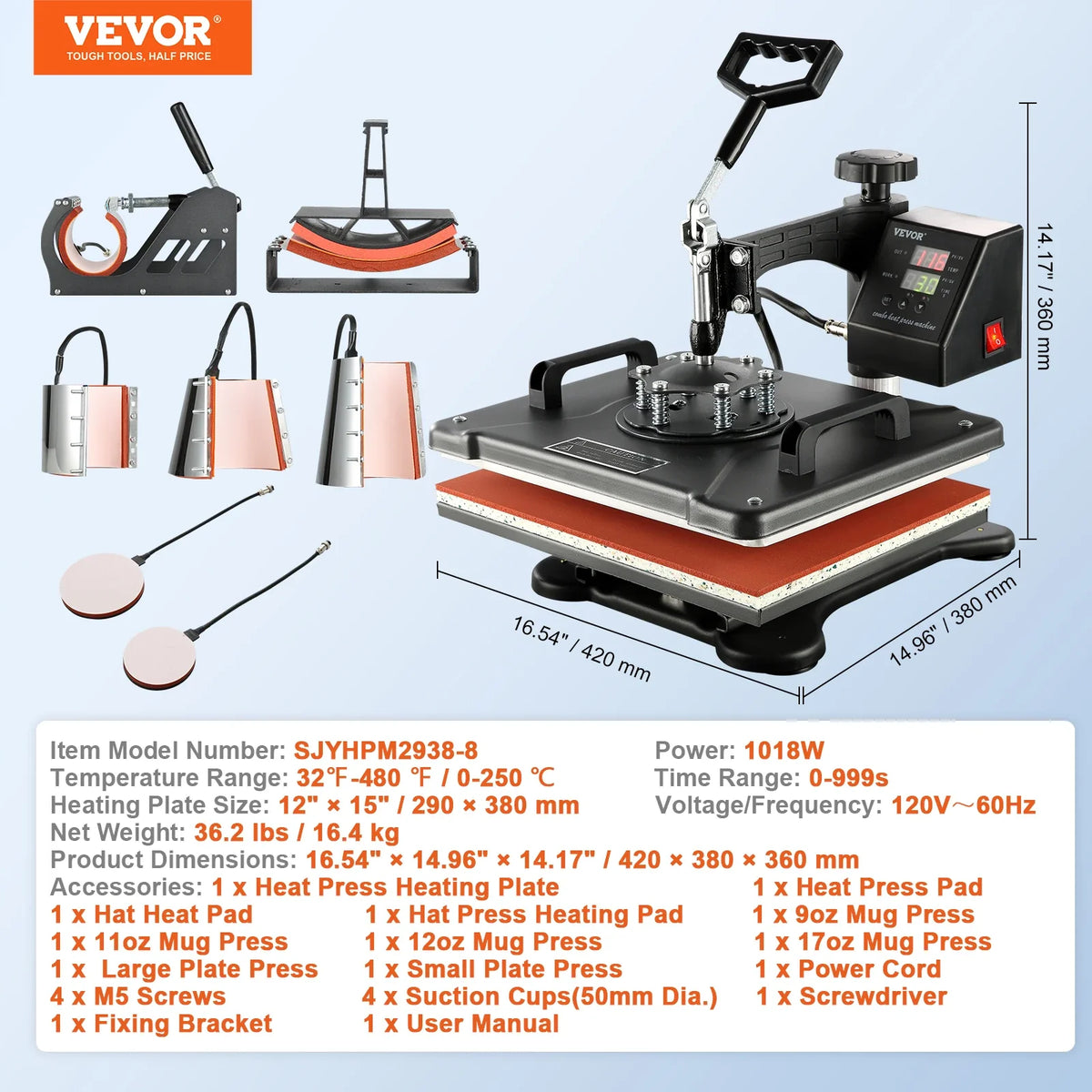 Combo Heat Press Machine 5/6/8 in 1 30*38CM Muntifunctional Sublimation Printer Transfer for Mug Hat Plate T-Shirt