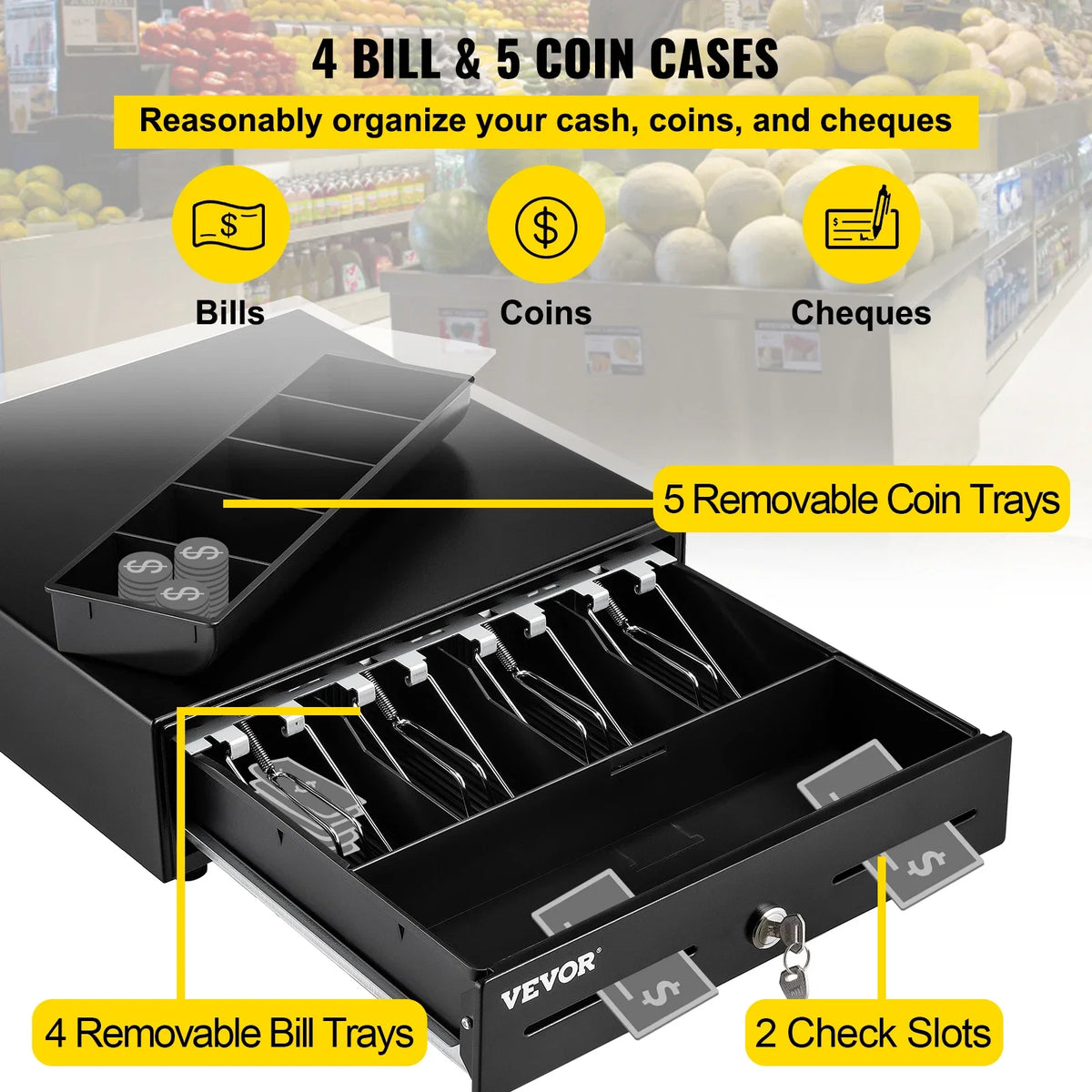 Cash Register Drawer 13" 2 Unlocking Ways Fully Removable Design with 4 Bill 5 Coin Cash Tray 2 Keys Included Compact Size
