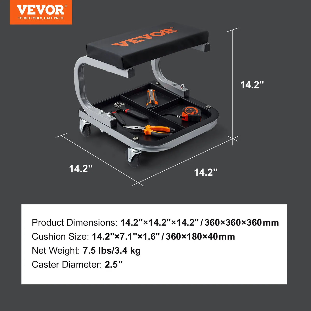 Mechanic Stool, 250 LBS Rolling Pneumatic Creeper Garage/Shop Seat, Adjustable Height 16-22 with Tool Tray