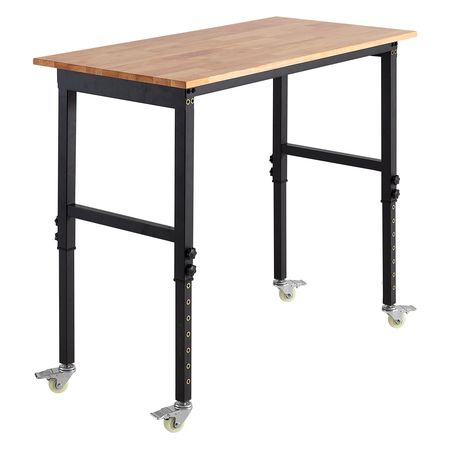 Adjustable Workbench on Wheels, 1500 lbs Capacity, 48 x 24 Inch Oak Wood Top Workbench with 28.5-42.3 Inch Height Adjustment, Heavy-Duty Hardwood Worktable for Garage, Workshop, Home, Office
