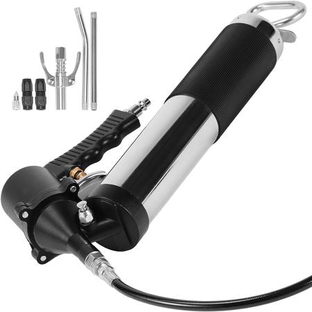 Air Operated Grease Gun, 6000PSI, 14 OZ/400 CC Capacity Heavy Duty Pneumatic Grease Gun, with 18.5 Inch Flexible Hose, 1 Black Flat Coupler Pointed Coupler Bent Metal Pipe Locking Clamp Coupler