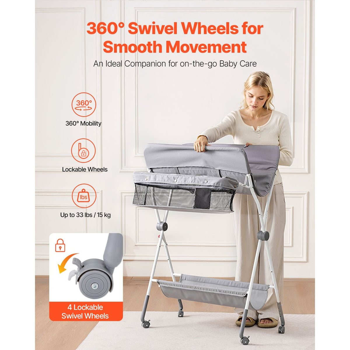 Baby Changing Table, Foldable Diaper Change Station with Side Basket, Adjustable Height Portable Changing Table with Lockable Wheels, Multi-Functional Storage Organizer Nursery, Light Gray