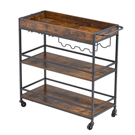 Bar Cart, 3 Tiers Home Kitchen Serving Carts, Industrial Rolling Utility Station on Wheel, Mobile Drink Beverage Shelf with Wine Rack & Glass Holder, 34.64x14.17x32.68 in, Rustic Brown and Black