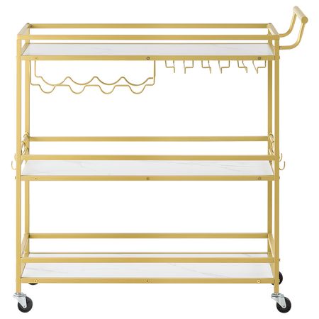 Bar Cart, 3 Tiers Home Kitchen Serving Carts, Modern Rolling Utility Station on Wheels, Mobile Drink Beverage Trolley with Wooden Shelf, Wine Rack, and Glass Holder, 35.83x12.99x36.81 in, Gold