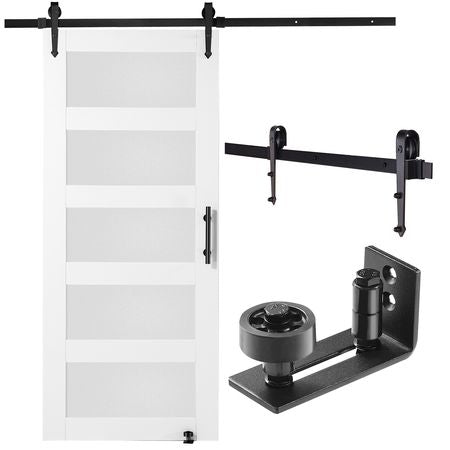 Barn Door and Hardware Kit, 36" x 84" Wood and Glass Sliding Barn Door, Smoothly and Quietly, Barn Door Kit with 8-in-1 Floor Guide and Door Handle, Spruce Wood Slab and Frosted Glass