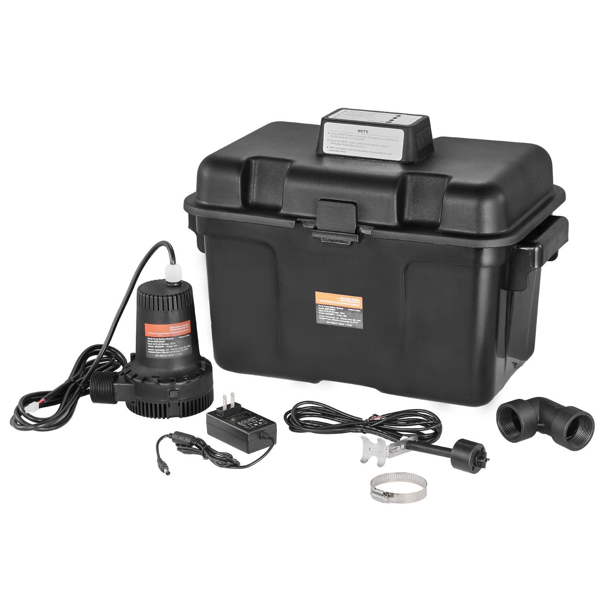 Basement Emergency Back-Up Sump Pump, 2000GPH 0.17 HP Backup Sump Pump System, with 15V Adapter, Float Switch, 24-Hour-a-Day Monitoring Controller, Alerts, and Charger, Black