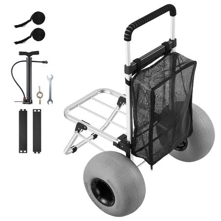 Beach Dolly with Big Wheels for Sand, 20" x 15" Cargo Deck, Folding Sand Cart with 12" Balloon Wheels, 165 lbs Loading Capacity & 34" to 46" Adjustable Height, Heavy Duty Cart for Beach Camping