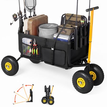 Beach Fishing Cart, 300 lbs Load Capacity, Foldable Fishing Cart with Heavy-Duty Carbon Steel Frame, 11-Inch All-Terrain Tires, 8 Rod Holders, Strap, Easy to Clean, for Outdoor Camping Picnic