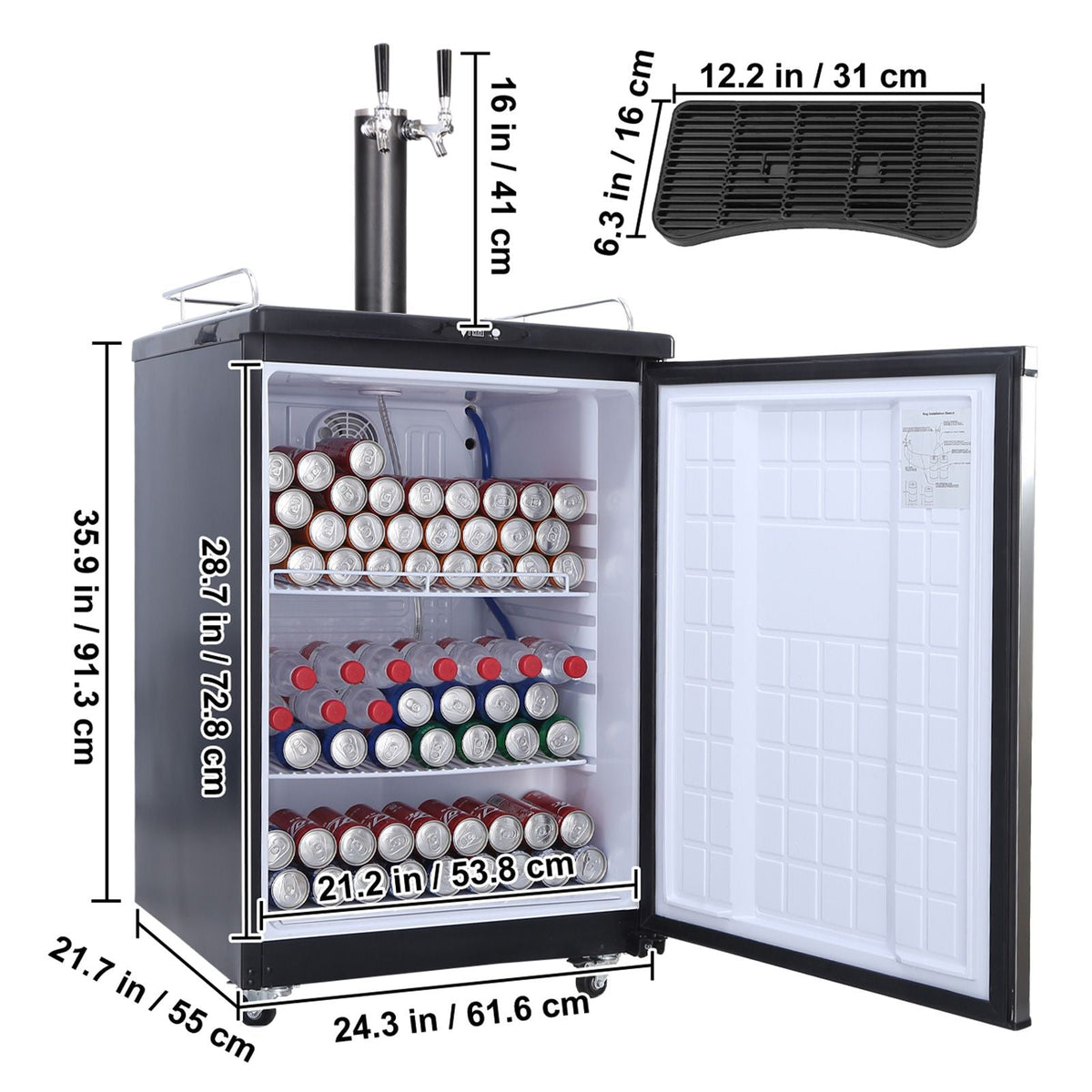 Beer Kegerator, Dual Tap Draft Beer Dispenser, CO2 Cylinder, Drip Tray & Rail, 32 Fahrenheit - 75.2 Fahrenheit Temperature Control, Holds 1/6, 1/4, 1/2 Barrels, Black
