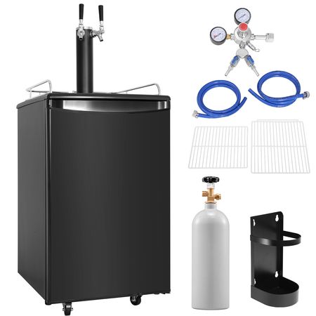 Beer Kegerator, Dual Tap Draft Beer Dispenser, Full Size Keg Refrigerator with CO2 Cylinder, Shelves, Drip Tray & Rail, 32 - 50 Fahrenheit Temperature Control, Hold 1/6, 1/4, 1/2 Barrels, Black