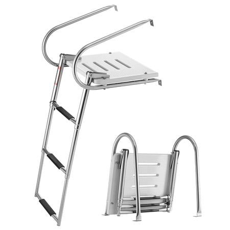 Boat Ladder, 3 Steps, Stainless Steel Telescoping Folding Swim Deck Ladder for Rear Entry Inboard, 400 lbs Capacity with Wide Anti-Slip Steps & Handrails, for Outboards, Yacht, Pontoon Boats