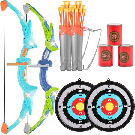 Bow and Arrow Set for Kids, 2 Pack LED Light Up Archery Set with 20 Suction Cup Arrows, 2 Hanging Targets, 2 Quivers, 3 Target Cans, Outdoor Toy Birthday Gift for Boy & Girl 6 7 8 9 10+ Year Old