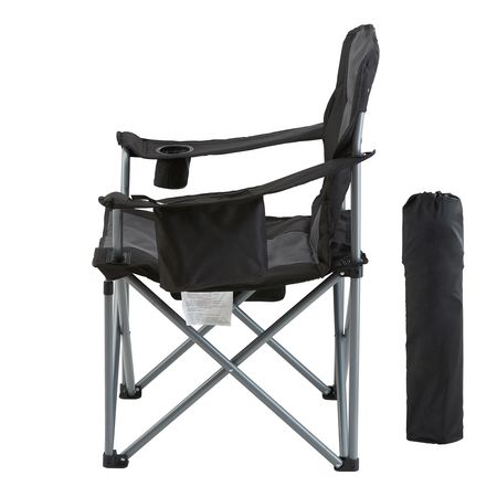 Camping Folding Chair for Adults, Portable Heavy Duty Outdoor Quad Lumbar Back Padded Arm Chairs with Side Pockets, Cup Holder and Cooler Bag for Beach, Lawn, Picnic, Fishing, Backpacking, Black