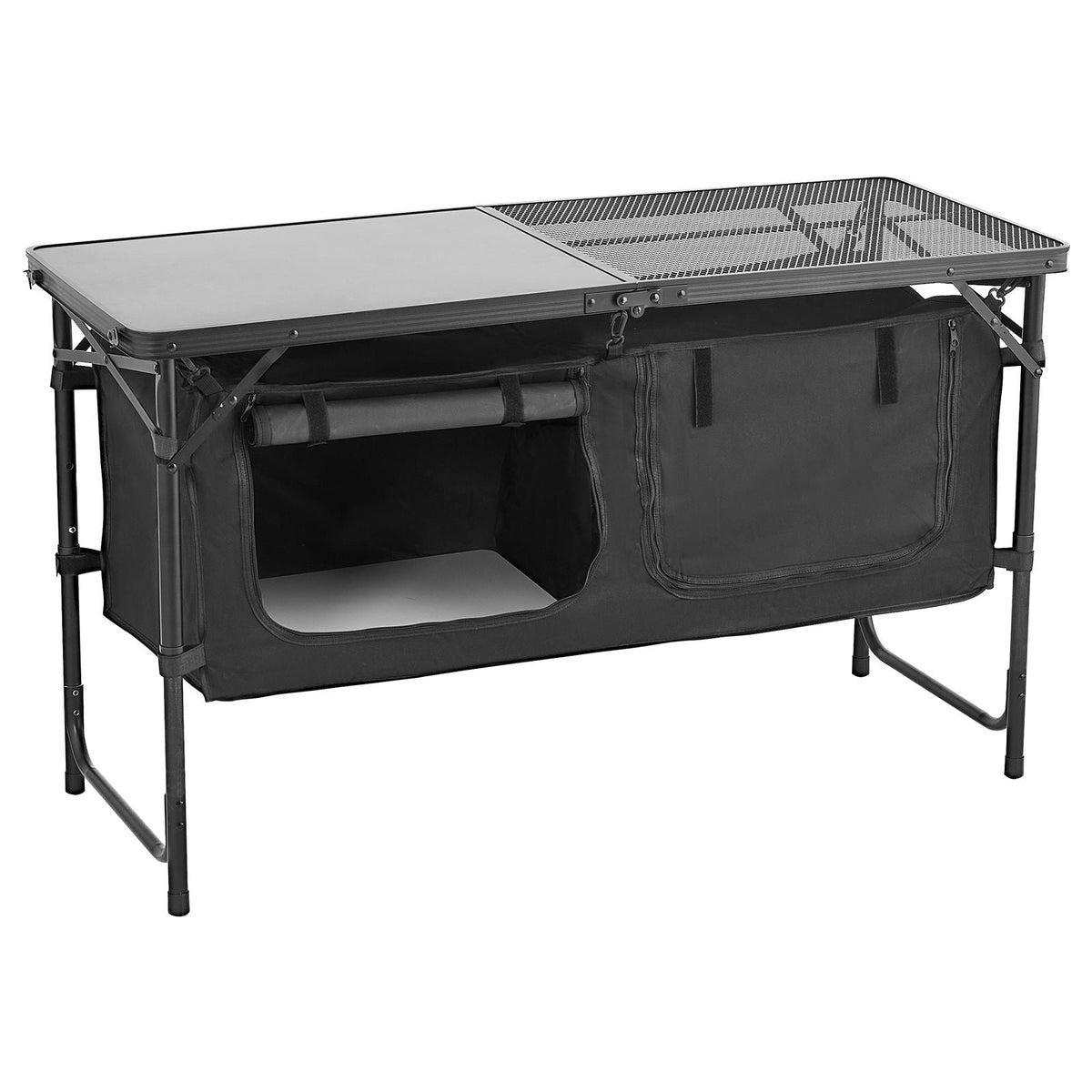Camping Kitchen Table, Folding Outdoor Cooking Table, 3 Adjustable Heights, Aluminum Lightweight Portable Cook Station with Storage Organizer, Carry Handle, for BBQ Party Picnic RV Travel, Black