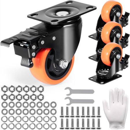 Caster Wheels, 3-inch Swivel Plate Casters, Set of 4, with Security A/B Locking No Noise PVC Wheels, Heavy Duty 250 lbs Load Capacity Per Caster, Non-Marking Wheels for Cart Furniture Workbench