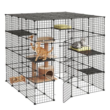 Cat Cage 4-Tier 55"x55"x55" Large DIY Cat Playpen Indoor Enclosure, Detachable Metal Wire Kennel Crate with 3 Doors & Locks, Exercise Place Ideal for 2-3 Cats, Kittens and Small Animals, Black
