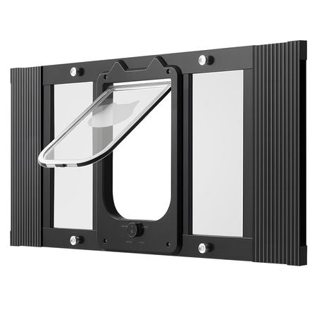 Cat Door for Window, Adjustable to Fit Window Width 27"-32", 4 Secure Lock Modes, Aluminum Frame and High-Transparency Glass, Magnetic Closure, Weatherproof Quick-Fit Pet Door for Cats, Black