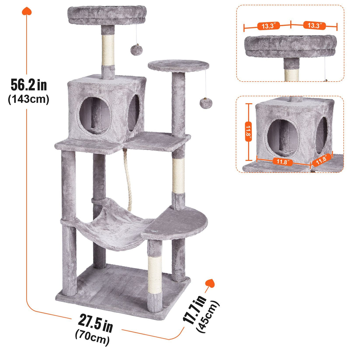 Cat Tree for Indoor Cats, 56.2" Cat Tower with Cat Condo, Sisal Scratching Post, Hammock, Top Perch, Jumping Platforms, Large Cat House with Hang Ball, Cat Furniture Activity Center, Light Grey