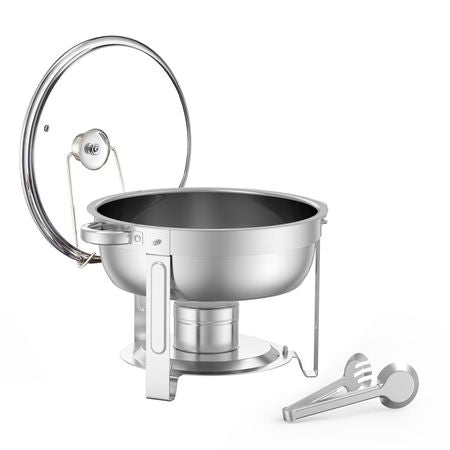 Chafing Dish Buffet Set, 5 Qt 2 Pack, Stainless Steel Chafer with 2 Full Size Pan, Round Catering Warmer Server with Glass Lid Water Pan Folding Stand Fuel Holder, Silver