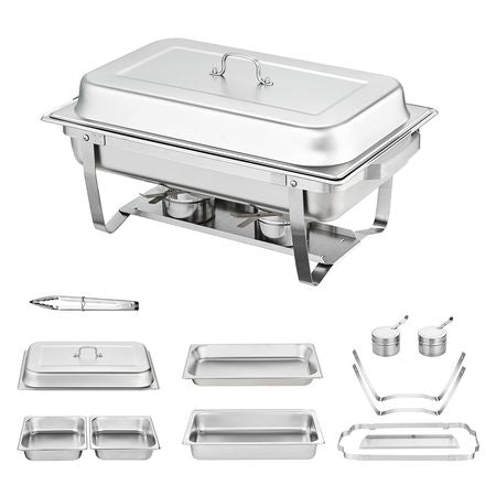 Chafing Dish Buffet Set, 8 Qt 2 Pack, Stainless Chafer with 2 Full & 4 Half Size Pans, Rectangle Catering Warmer Server with Lid Water Pan Folding Stand Fuel Tray Holder Clip, at Least 8 People