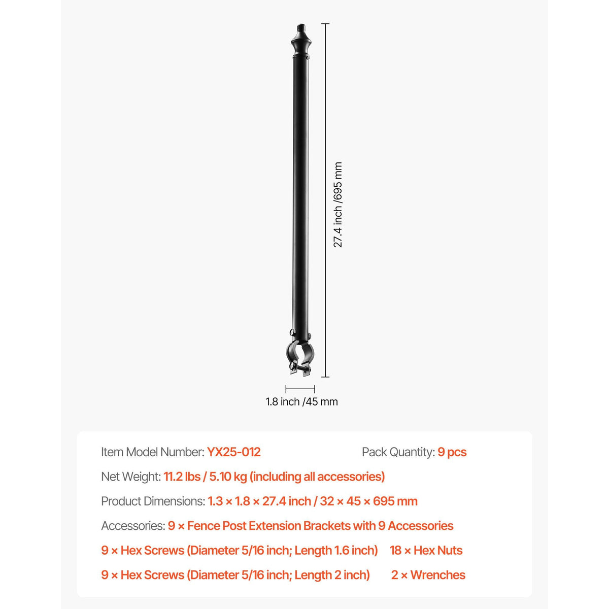 Chain Link Fence Extensions, 9 Packs 27.4" Extension Height, Galvanized Post Extender for 1.3" to 1.5" Top of Fence, U Bracket, Barbed Wire Extend Arm for Privacy, Prevent Dogs Jumping Out