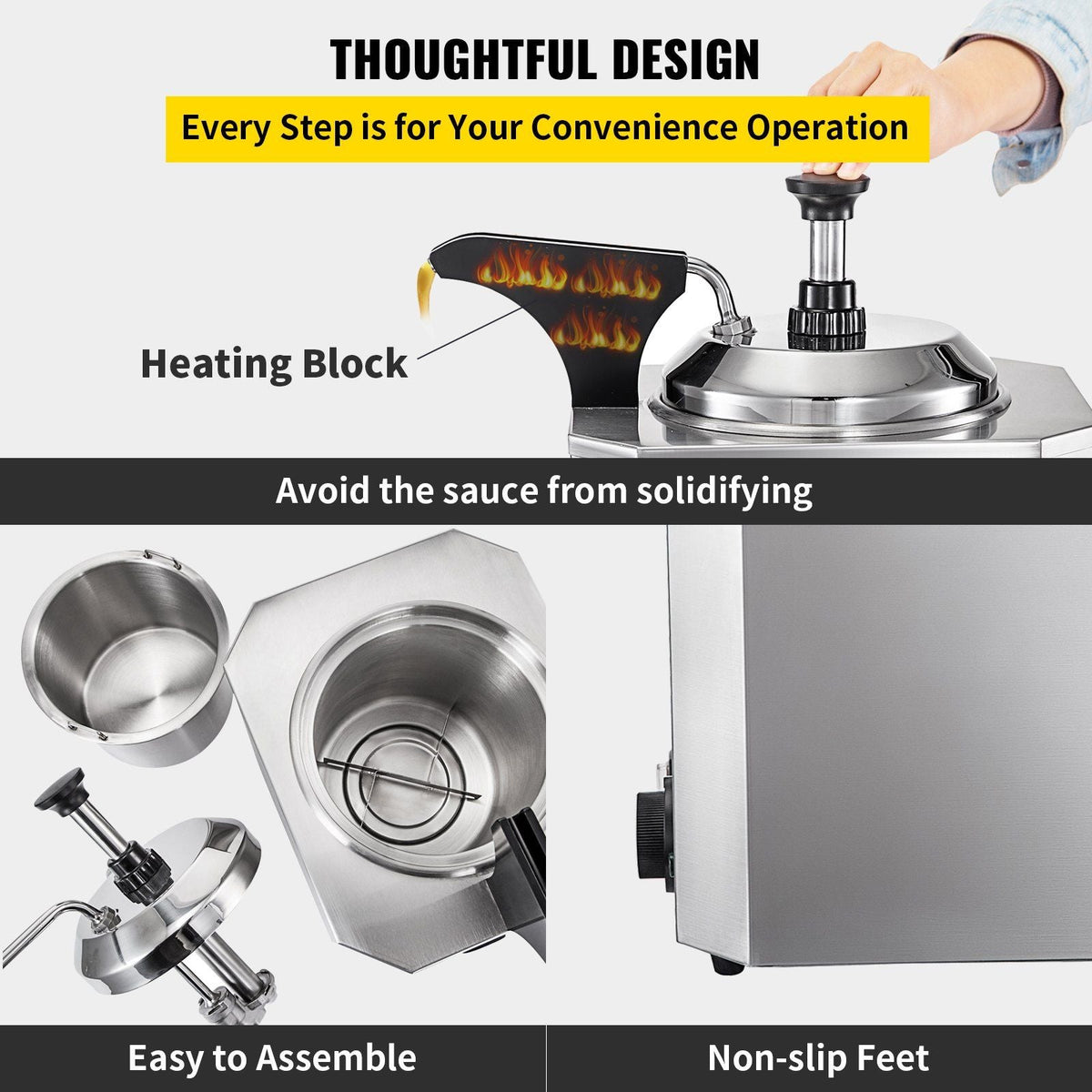 Cheese Dispenser with Pump, 2.6 Qt Capacity Cheese Warmer, Stainless Steel Hot Fudge Warmer with Pump 650W Cheese Dispenser, 30-110Celsius Temp Adjustable, for Hot Fudge Cheese Caramel