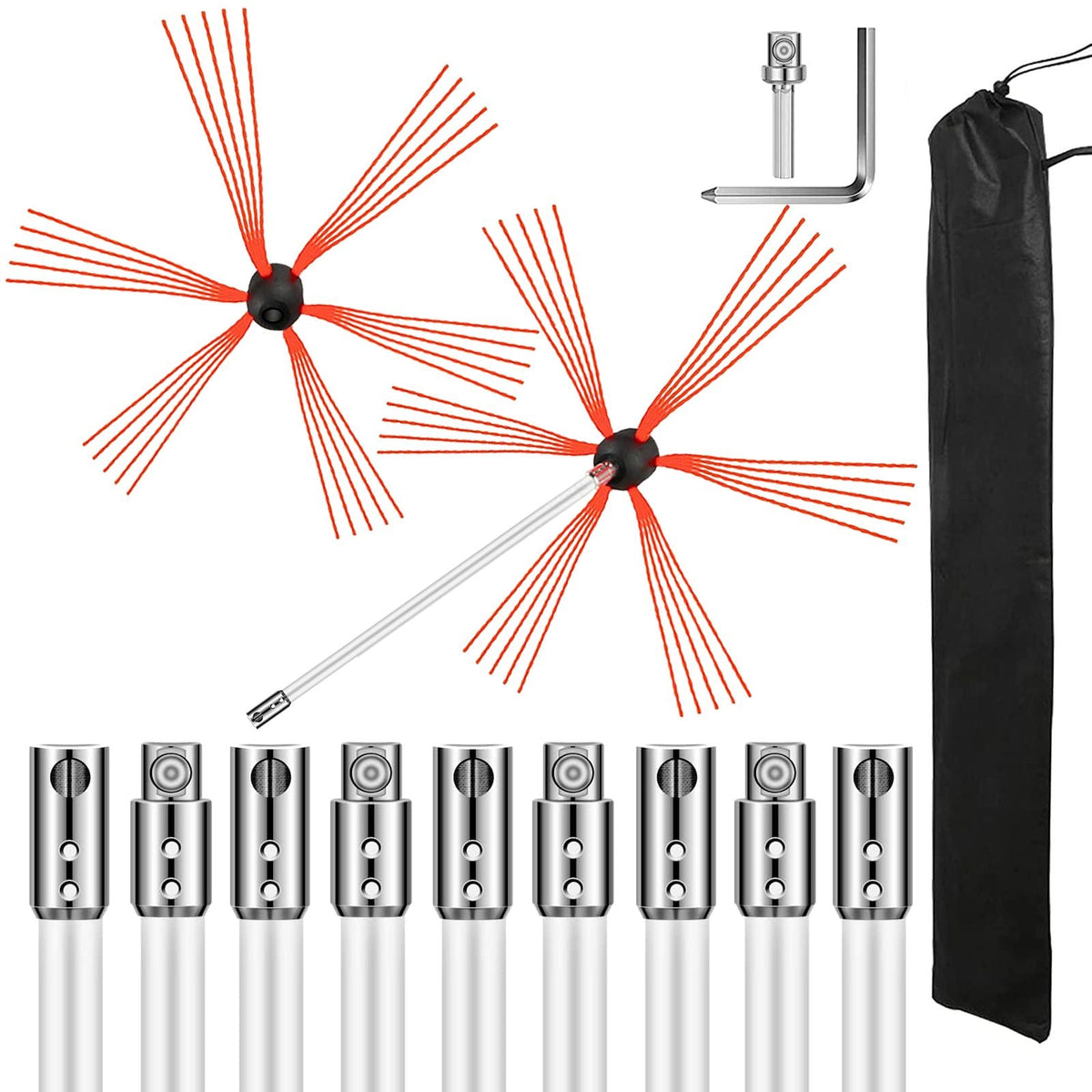 Chimney Sweep Kit 33FT Length, Chimney Brush Kit with 10 Nylon Flexible Rods and 2 Brush Head, Rotary Chimney Cleaning Kit Driven by Drill, Chimney Brush Rod Kit for Cleaning Fireplace