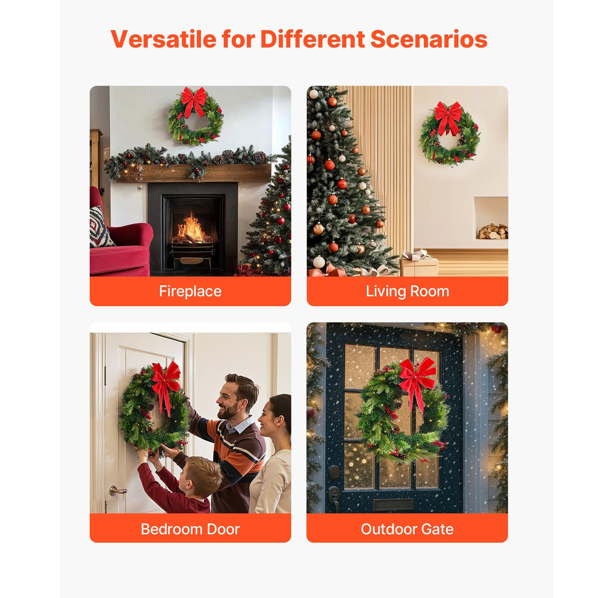 Christmas Wreath, 24 Inches Pre-Lit Artificial Christmas Wreath with 50 LED Lights and Timer, Decorated with Pine Cones, Red Berry Clusters, Holly Leaves, Suitable for Fireplace Door Window