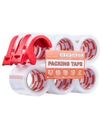 Clear Packing Tape, 3 inches Core, 12 Rolls 1.88 Inches x 65 Yards Packing Tape with Dispenser, 2.7 Mil Heavy Duty Packaging Tape Designed for Moving, Storage and Packing, Shipping and Mailing