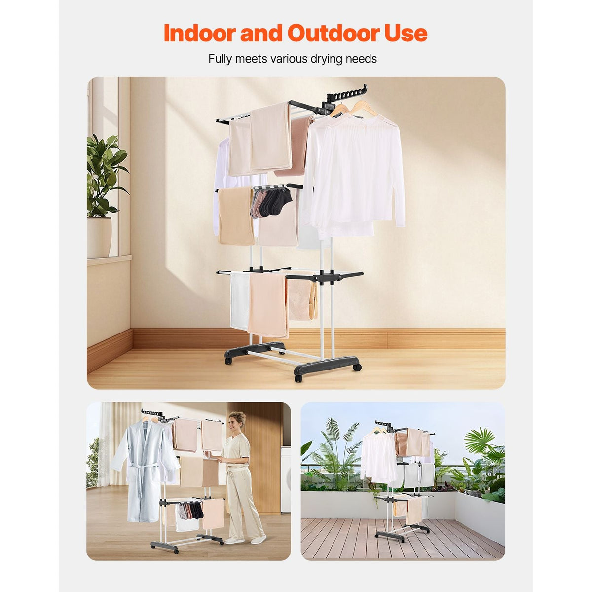 Clothes Drying Rack, 4-Tier Foldable Laundry Dryer Rack, Metal Drying Racks with 24 Drying Rods, Free-Standing and Portable Hanger with 4 Castors and Two Side Wings for Outdoor & Indoor Use