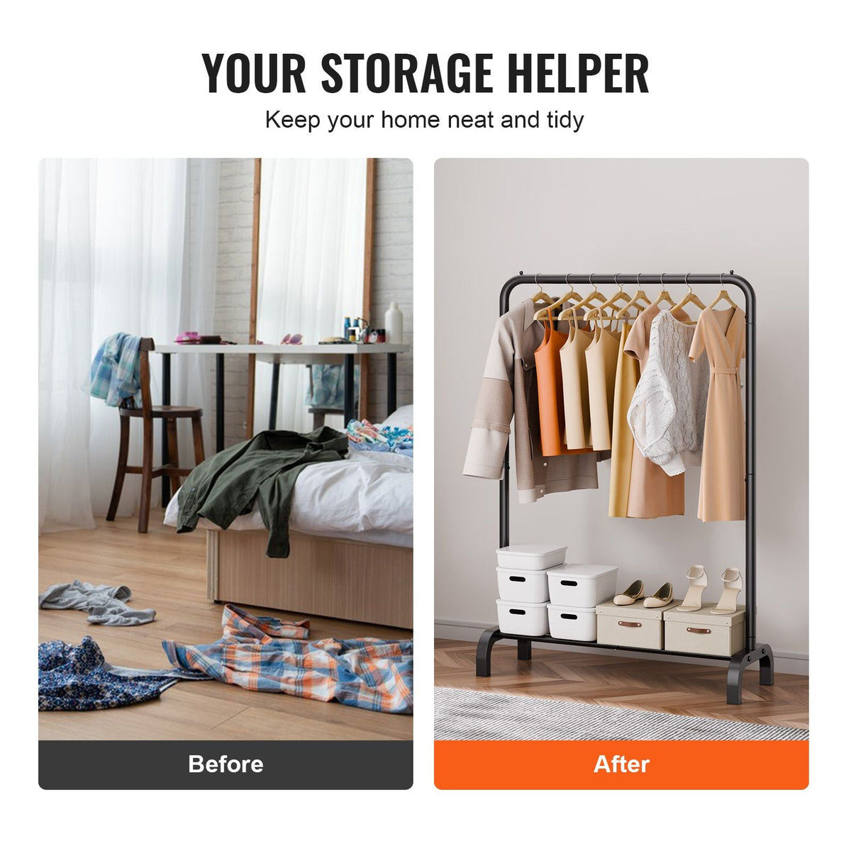 Clothes Rack, Heavy Duty Clothing Garment Rack with Hanging Rod and Bottom Storage Area, Clothing Rack for Bedroom Guest Room