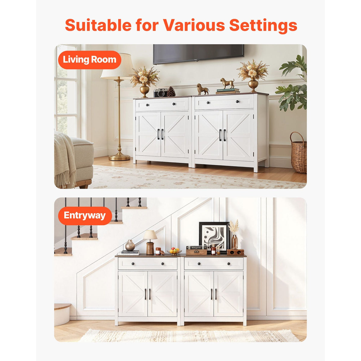 Coffee Bar Cabinet, Farmhouse Coffee Bar Table with Drawer, Buffet Stand Cabinet with 2 Barn Door, Sideboard Buffet Station for Living Room, Entryway, Kitchen, 29.5 x 14.7 x 31.5 in, White