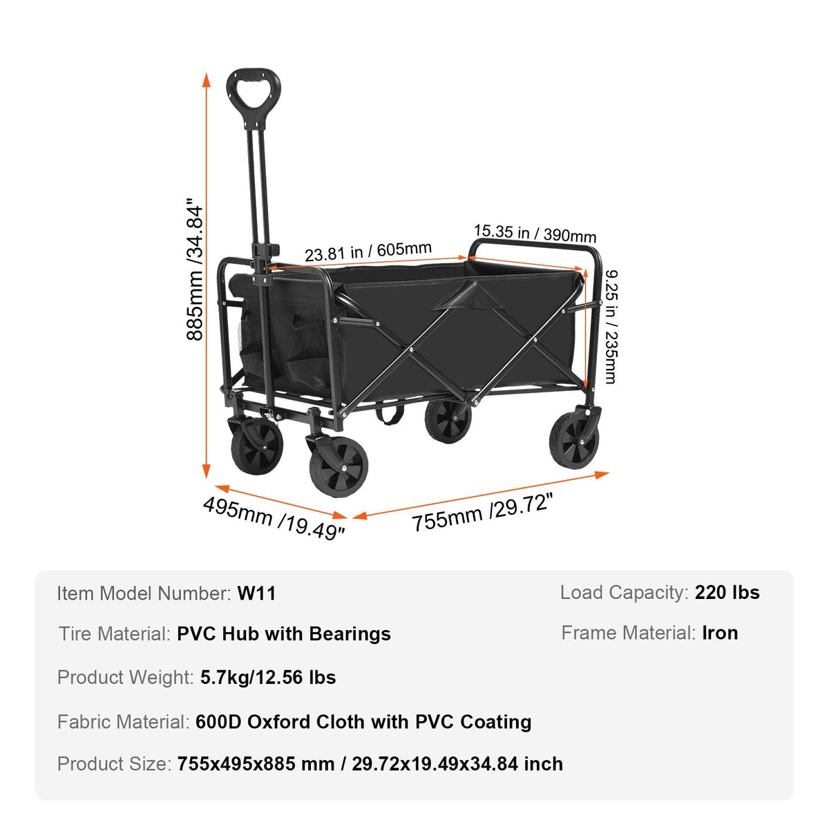 Collapsible Folding Wagon, 2 cu.ft Grass Wagon Cart with All-Terrain 5in Wheels, Heavy Duty Folding Wagon Cart 220 lbs Weight Capacity with Drink Holders, Wagon for Camping, Shopping, Garden