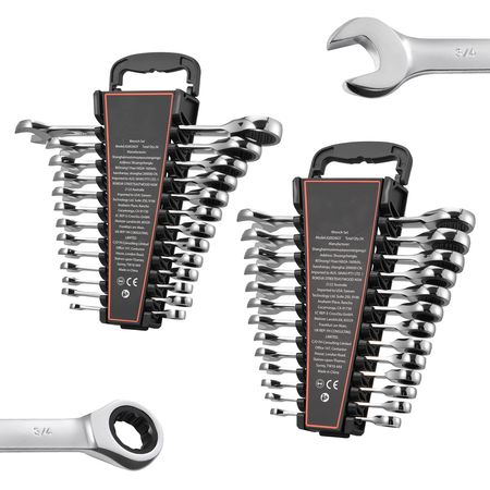 Combination Wrench Set, 26-Piece SAE and Metric, 72 Teeth, Cr-V Steel Ratcheting Wrench Set, with Rack Organizer, Open End, Clear Size Labels, for General Household, Automotive Repairs, Silver