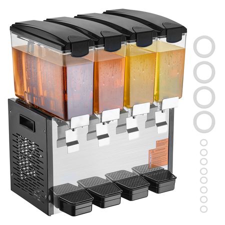 Commercial Beverage Dispenser, 4 Tanks 10 L / 10.6 QT Per Tank Juice Dispenser, 430W Stainless Steel Ice Tea Drink Machine with 45 Fahrenheit -54 Fahrenheit Cooling Temperature