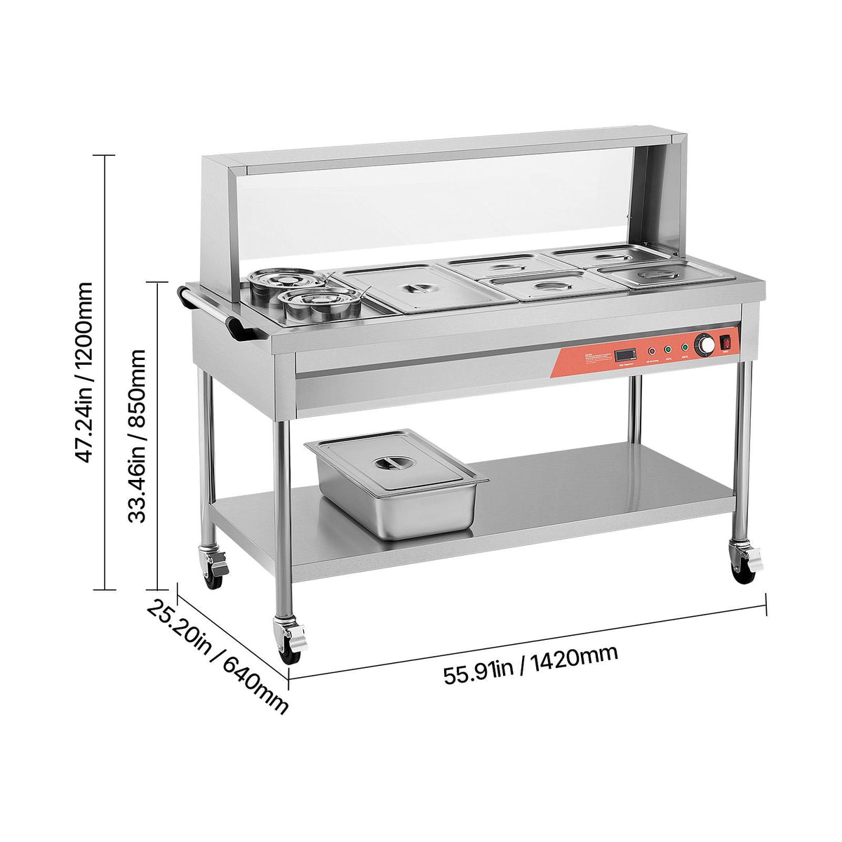 Commercial Food Warmer, 5 Pans + 2 Pots Electric Steam Table, 1800W Professional Buffet Catering Food Warmer with Shield Undershelf Wheels, Stainless Steel Server for Party Restaurant Hotel