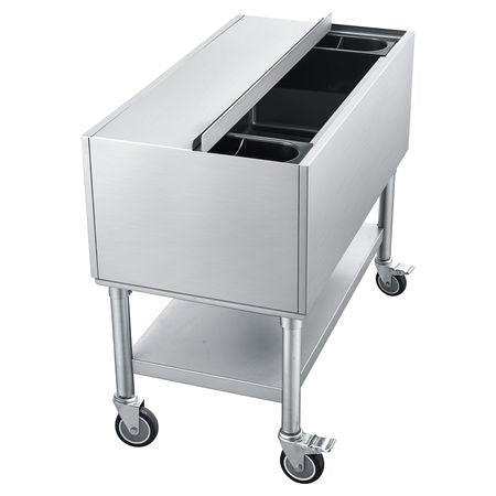 Commercial Ice Bin, 100.7 Qt Max Capacity, 36 x 19 x 35 Inch Stainless Steel Ice Chest with Sliding Lid and Bottle Holders, Cooler Cart Cocktail Unit for Bar Restaurant Pub, NSF Certified