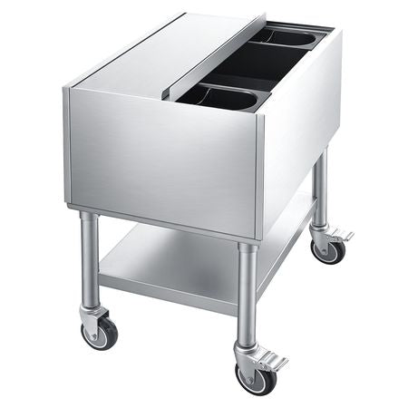 Commercial Ice Bin, 65.1 Qt Max Capacity, 24 x 19 x 35 Inch Stainless Steel Ice Chest with Sliding Lid and Bottle Holders, Cooler Cart Cocktail Unit for Bar Restaurant Pub, NSF Certified