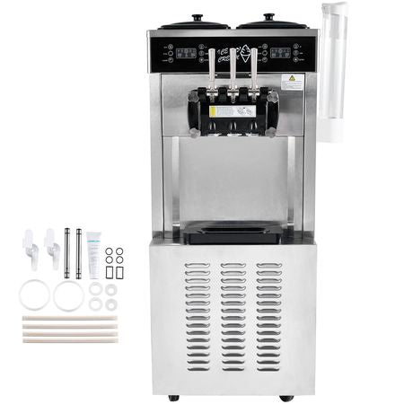 Commercial Ice Cream Machine, 34-44 L/H Yield, 3400W 3-Flavor Freestanding Soft Serve Ice Cream Maker, 2 x 9L Stainless Steel Hopper, LED Panel Allows Single Cylinder Use Overnight Refrigeration