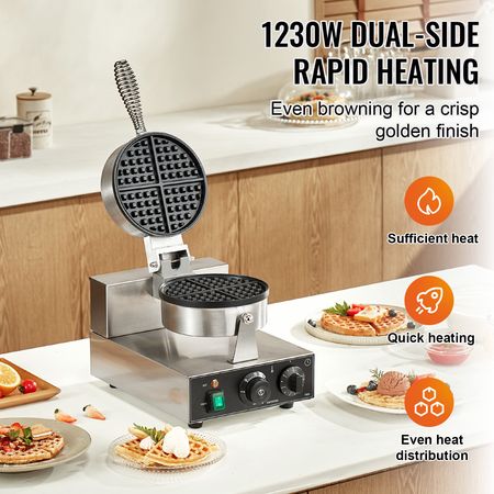 Commercial Waffle Maker, 1230W Round Waffle Baker Machine, Non-Stick Stainless Steel Belgian Waffle Iron with Temperature and Time Control, Handle, for Restaurant Bakery Snack Bar Family