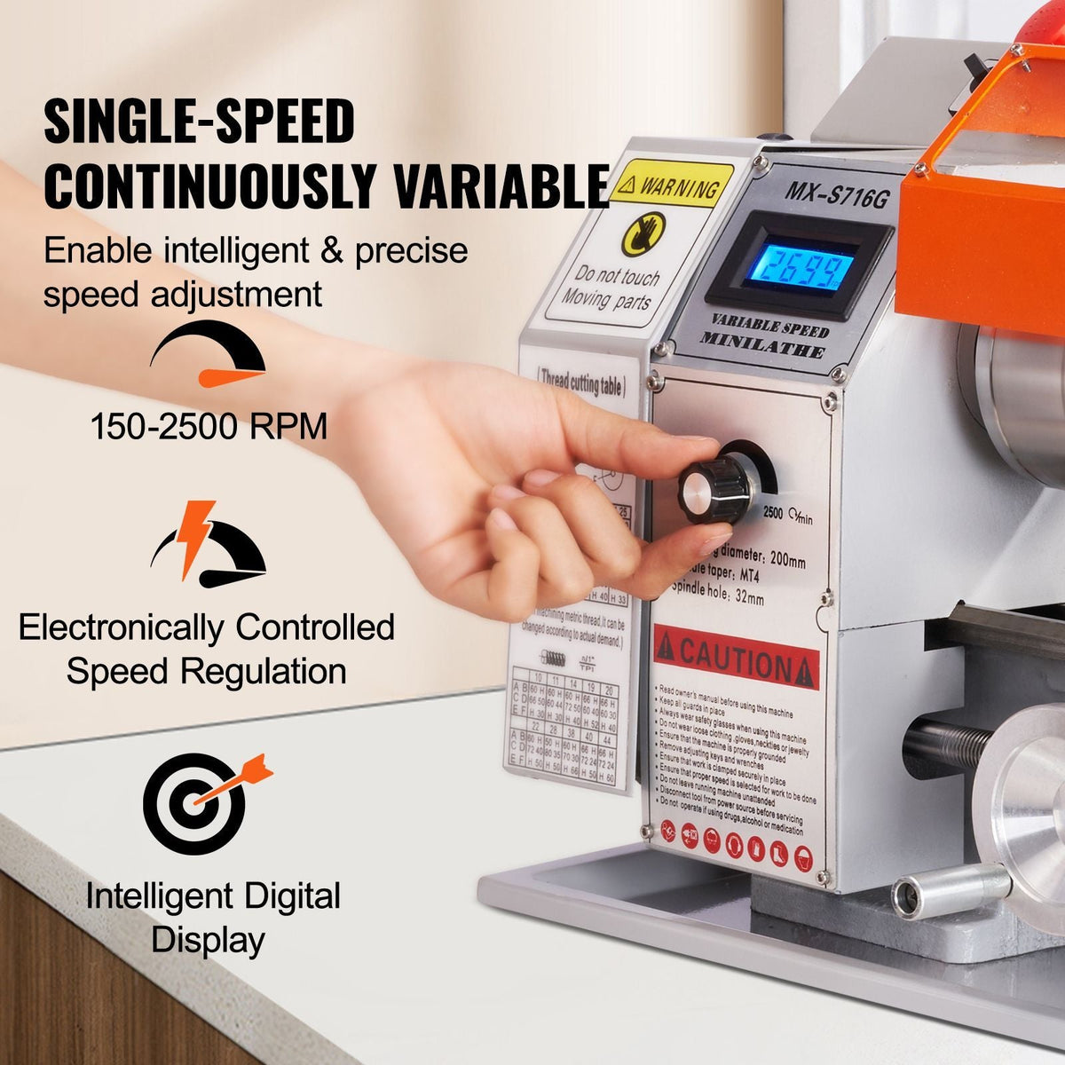 Compact Metal Lathe, 7'' x 16'', 800W, Precision Desktop Metalworking Lathe, Variable Speed 150-2500 RPM, Includes 3.9'' 3-jaw Chuck & Tool Box for Detailed Part Crafting